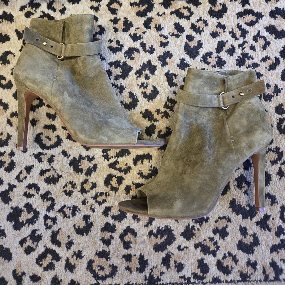 BCBGeneration Olive Green Leather Ankle Peep Toe Booties